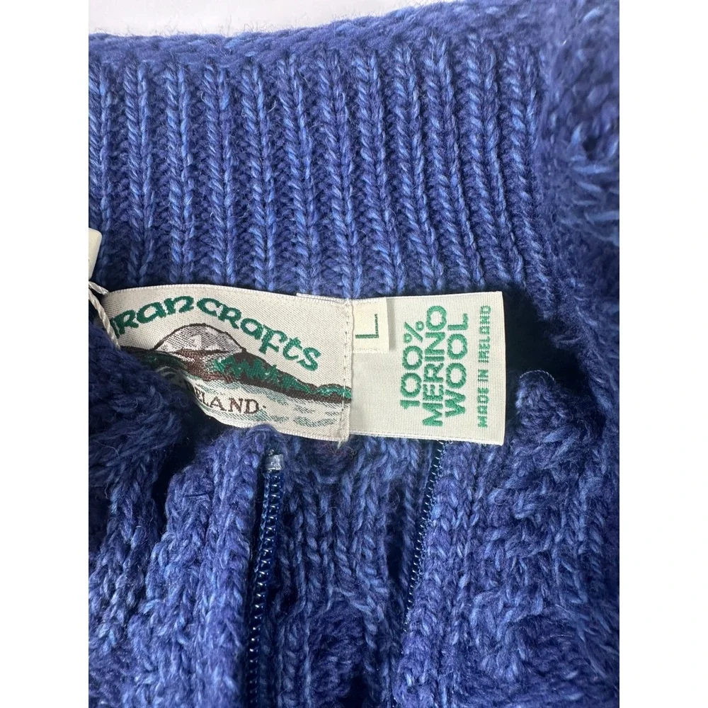 Aran Crafts Merino Wool Plated Zip Cardigan Blue Marl Womens L Made in Ireland - Picture 8 of 9